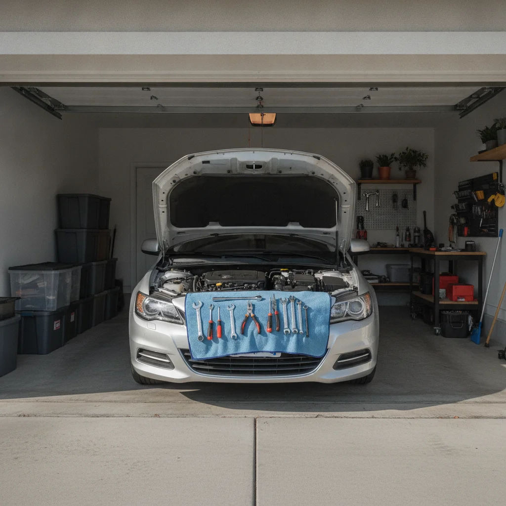 Open car hood in a tidy home driveway with basic hand tools arranged on a fender cover