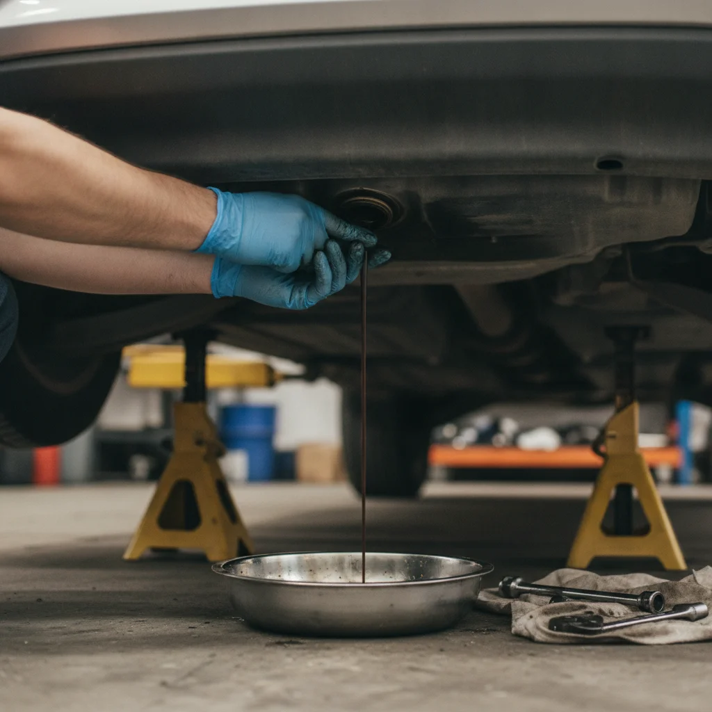Gloved hands draining dark engine oil into a drain pan under a car on jack stands