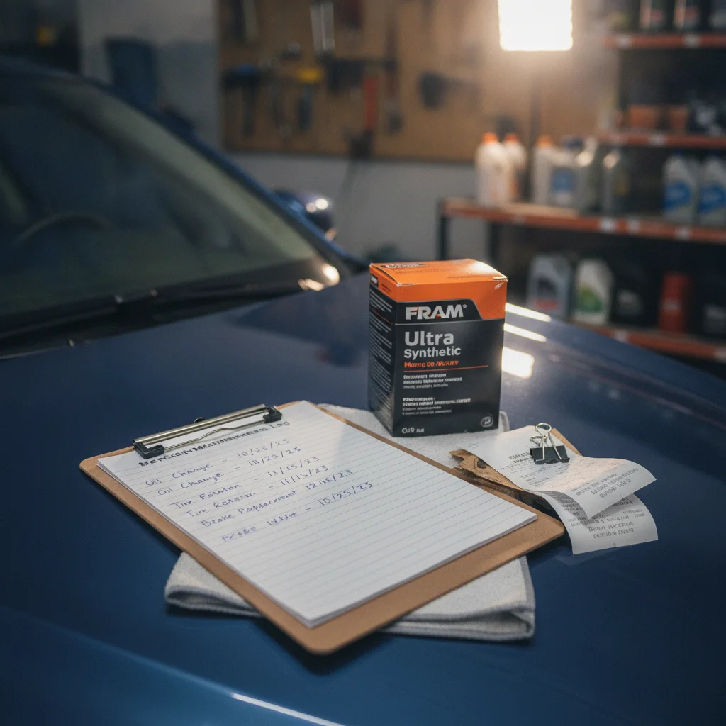 Handwritten car maintenance log on a clipboard resting on a car fender with parts receipts