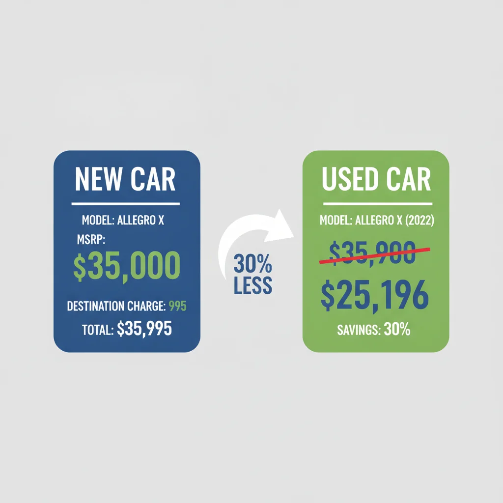 Infographic comparing the price tags of a new car versus an equivalent two-year-old used car