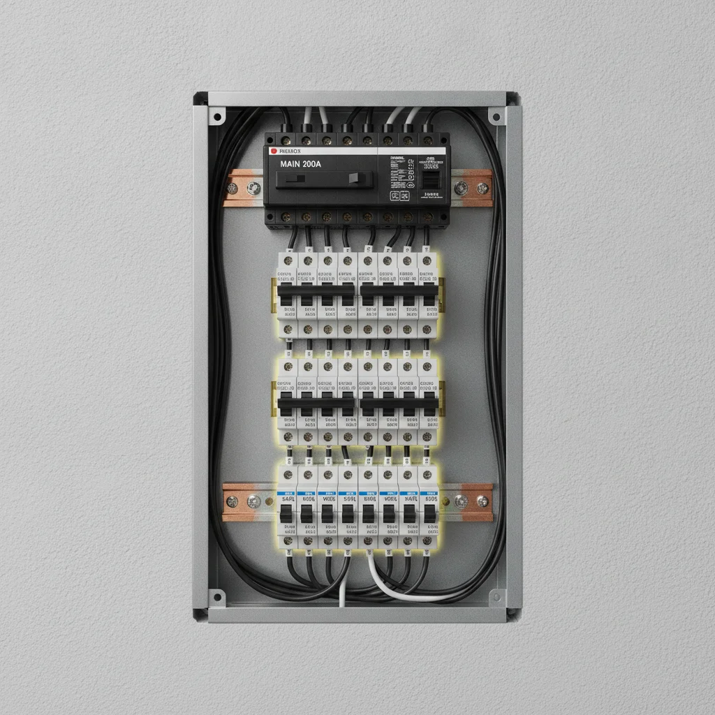 Overhead view of a residential electrical panel showing labeled circuit breakers and available slots