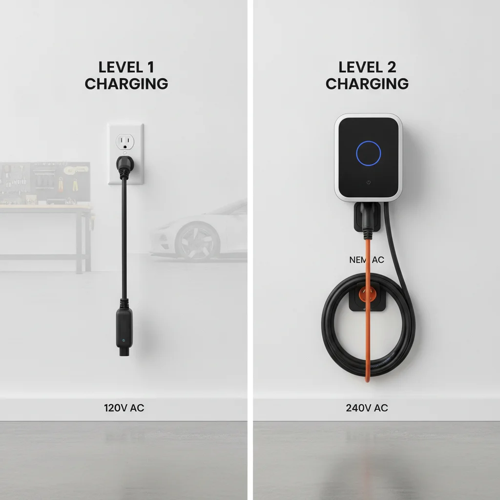 Side-by-side comparison of Level 1 120V outlet charging and a wall-mounted Level 2 240V EV charger in a residential garage