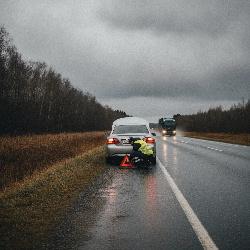 Driver placing a reflective warning triangle behind a stopped car with hazard lights on