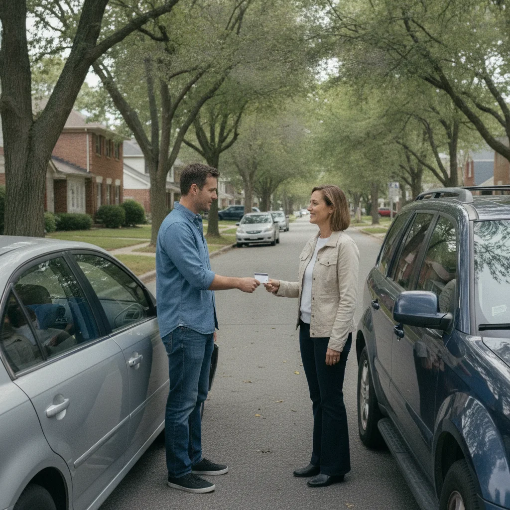 Two drivers exchanging insurance and identification documents after a minor car accident