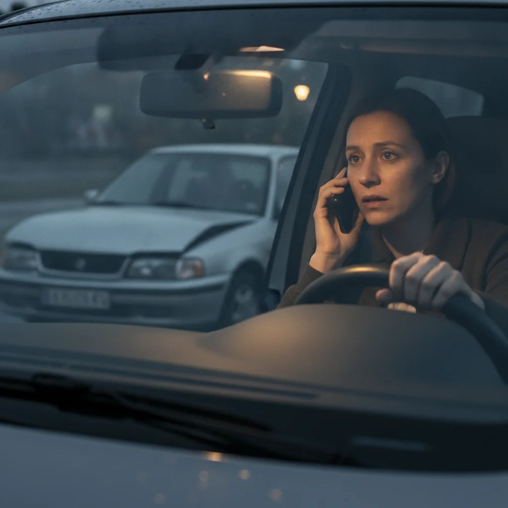 Driver making a phone call to report an accident from inside their vehicle