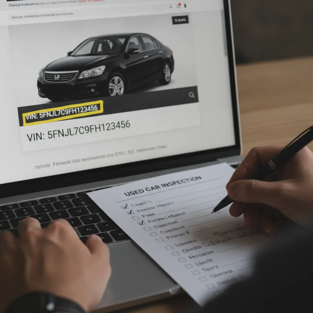 Close-up of an online car listing with VIN highlighted and a handwritten checklist nearby