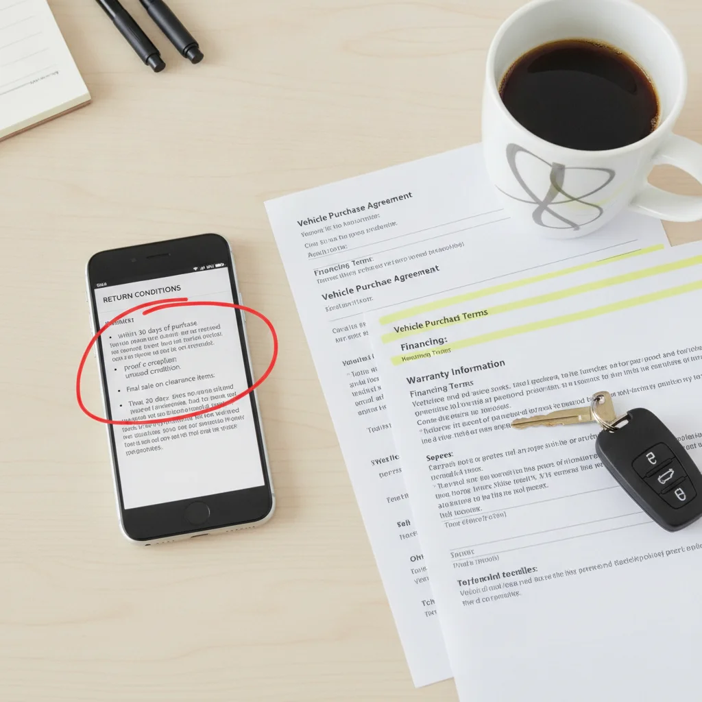 Smartphone displaying an online car return policy with key clauses circled in red ink