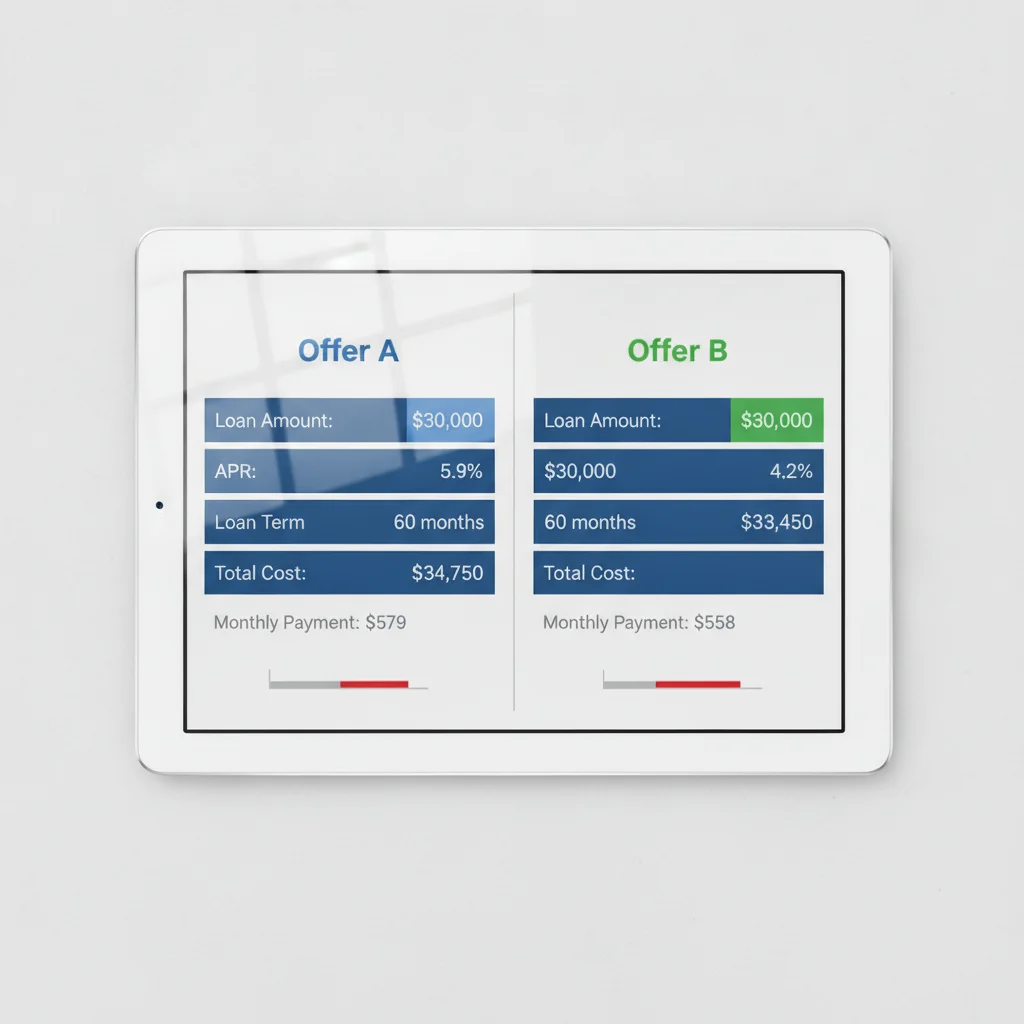 Tablet showing a side-by-side comparison of two auto loan APR offers with total cost calculations