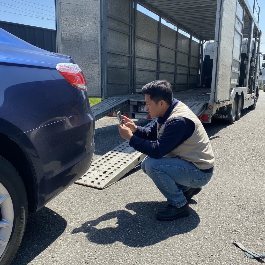 Person photographing a newly delivered car's rear panel in daylight during delivery inspection