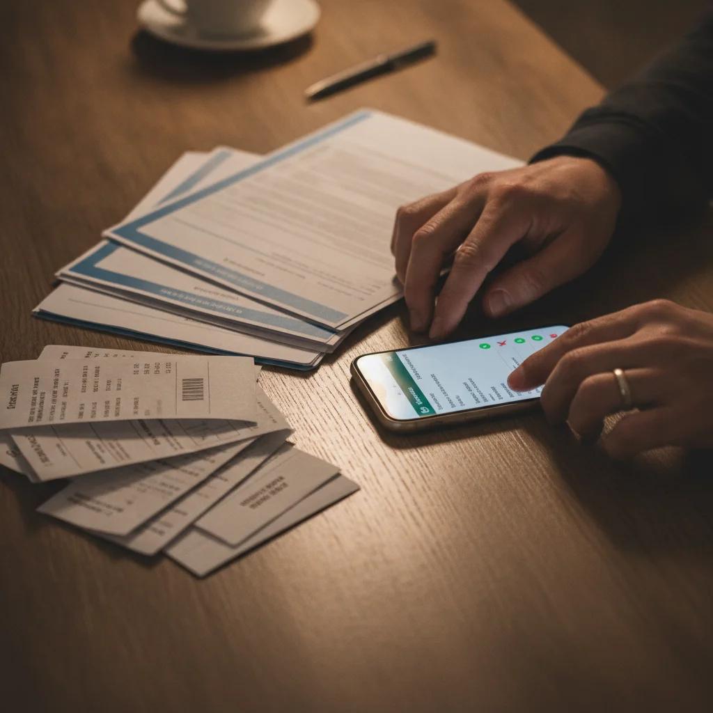 Hands organizing vehicle title, service records, and vehicle history report before selling a car
