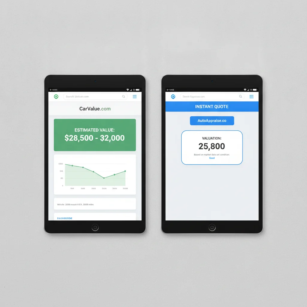 Two tablets displaying different instant offer platform valuations for the same vehicle side by side