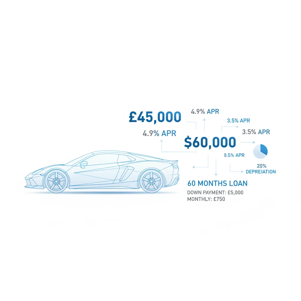 Illustrated car silhouette with overlaid financial data showing loan terms and interest rates