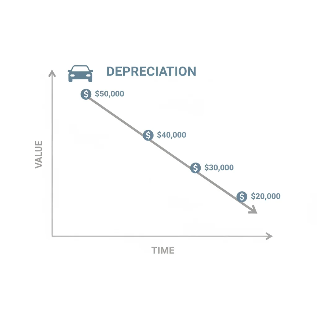 Depreciation curve graph showing a new car losing value rapidly in the first year of ownership
