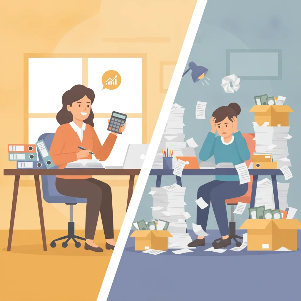 Split illustration contrasting a confident buyer with good credit versus a stressed buyer with loan difficulties